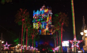 Tower of Terror lit up for the holidays.